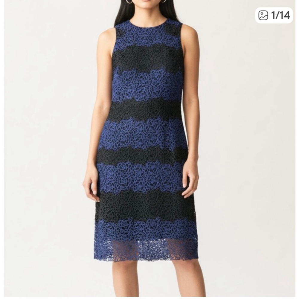 Lucy Paris blue black floral crocheted striped sleeveless shift dressNWT medium